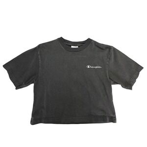 Champion Vintage 90s Cropped Tee Black Small Made in USA Embroidered Logo